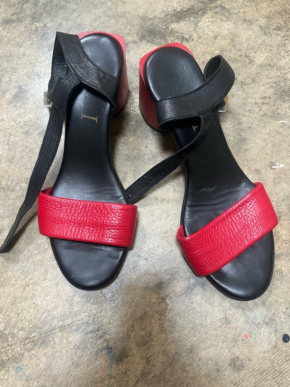 Red Black Leather Block Heel Sandals Women’s EU 38 Ankle Strap